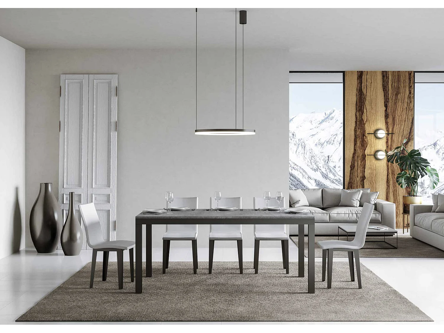 Table à manger extensible Karry evolution-Couleur Gris ciment-Sur roulettes-160 à 264cm