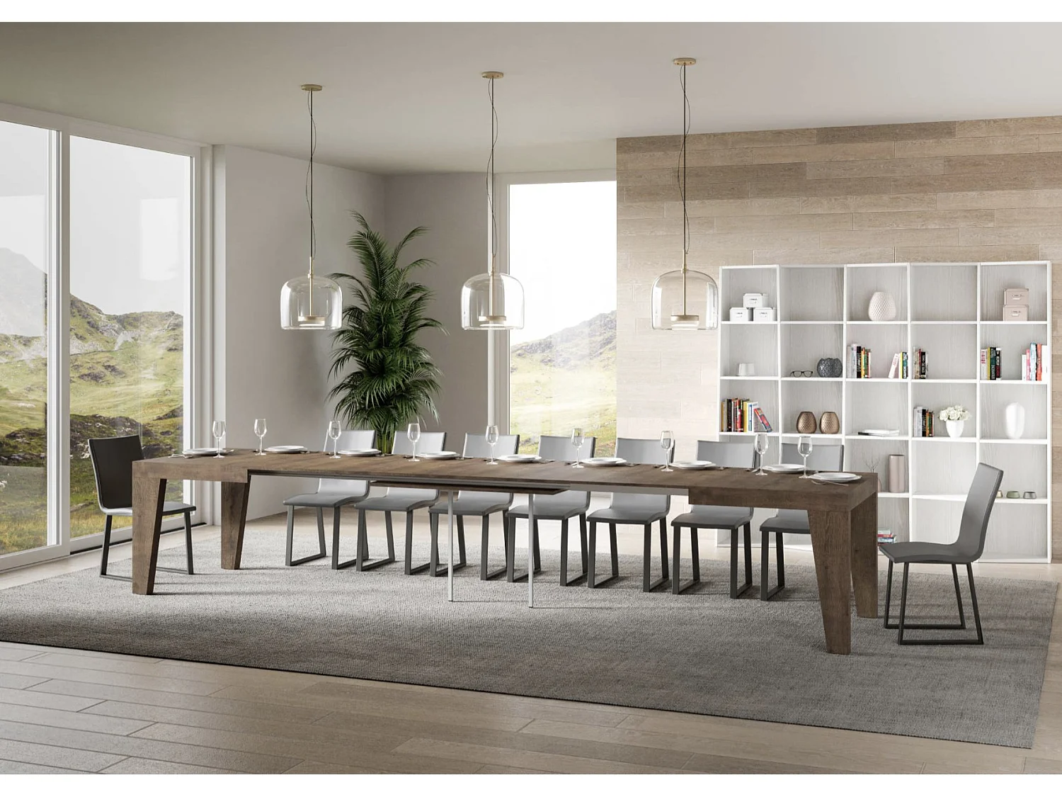 Table à manger extensible bois Naxo-Couleur Marron-4 pieds-5 rallonges fines-130 à 390cm