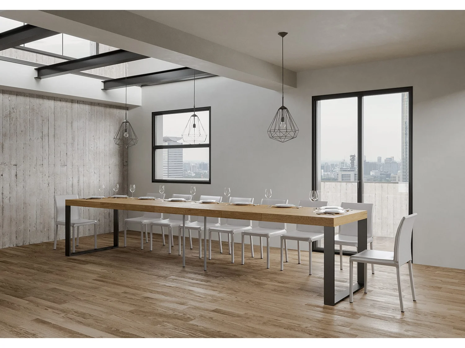 Mesa de comedor extensible tiroz-Color Gris cemento-Soporte 4 pies-Alargaderas -Ancho extensible