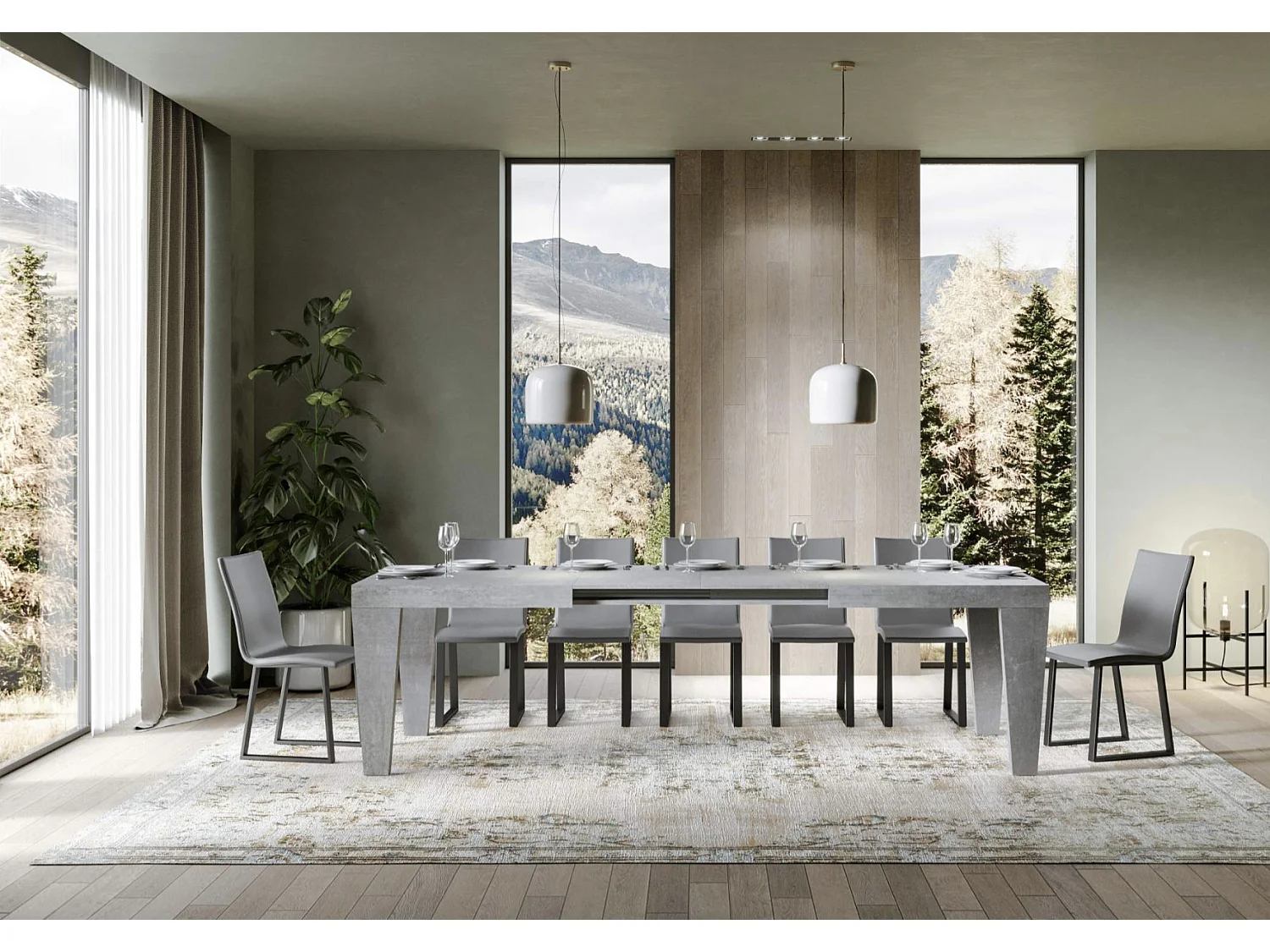 Table à manger extensible bois pieds en V Kristo-Couleur Gris ciment-Sur roulettes-2 rallonges fines-180 à 284cm