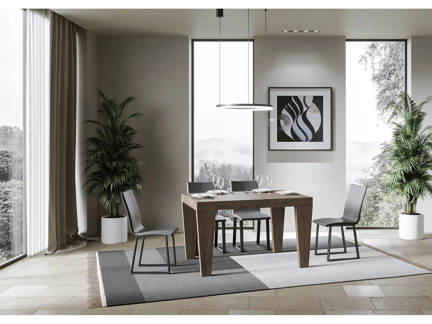 Table à manger extensible bois pieds en V Kristo-Couleur Marron-4 pieds-2 rallonges épaisses-130 à 234cm