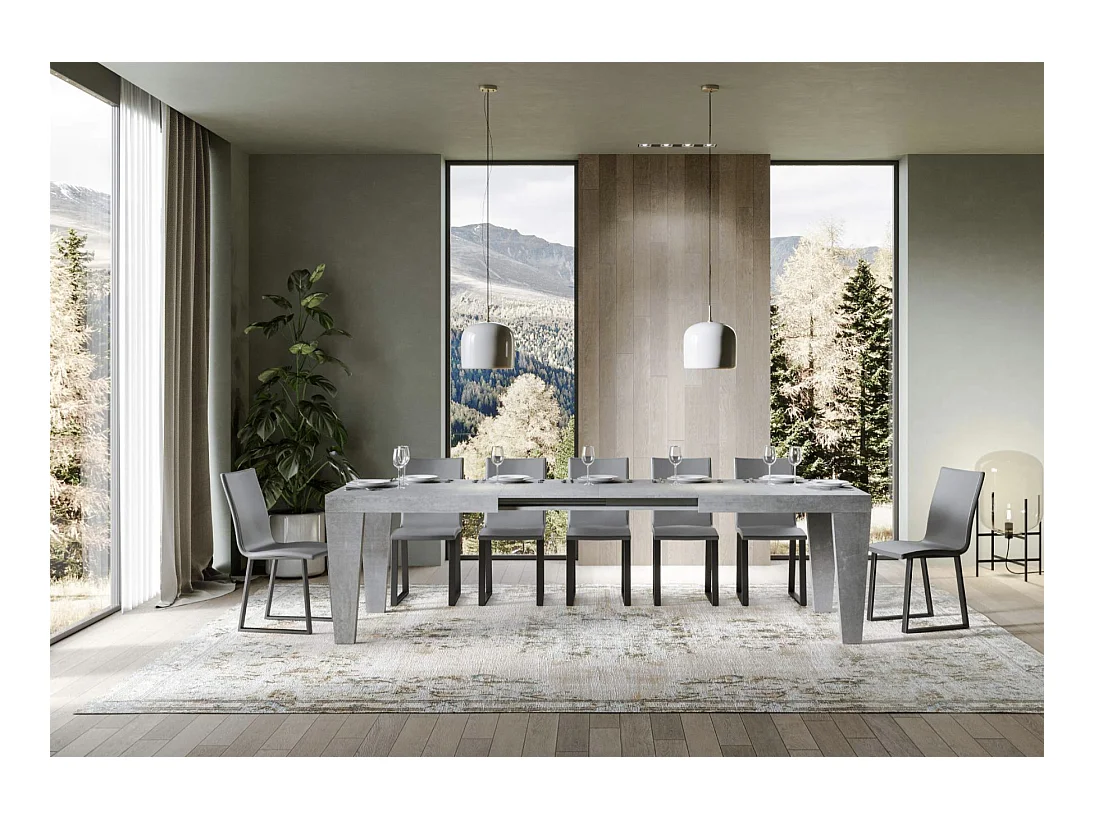 Mesa de comedor extensible de madera Kristo patas en V-Color Gris cemento-Soporte 4 pies-Alargaderas -Ancho extensible
