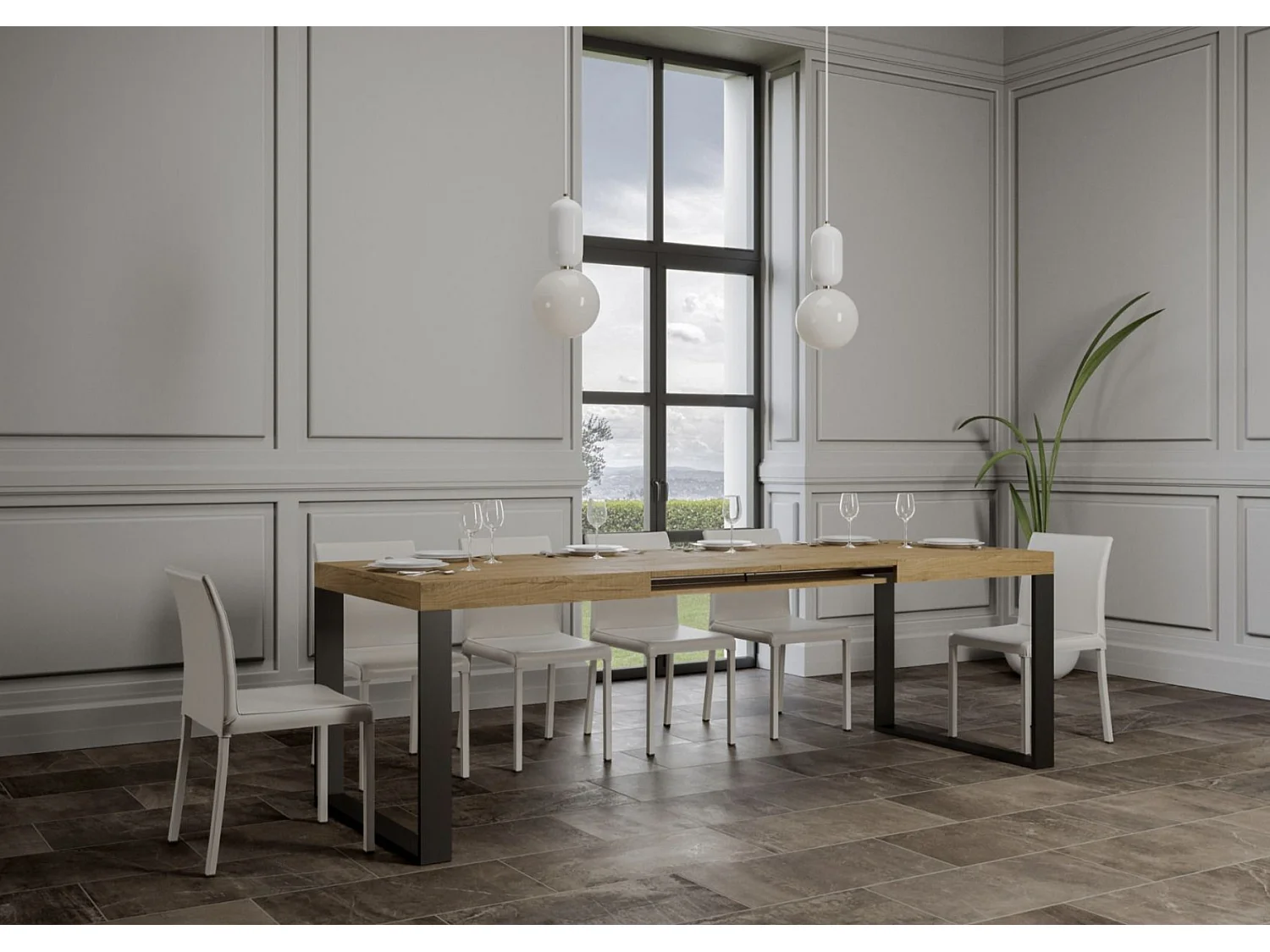 Table à manger extensible Tiroz-Couleur Naturel-Sur roulettes-2 rallonges fines-130 à 234cm