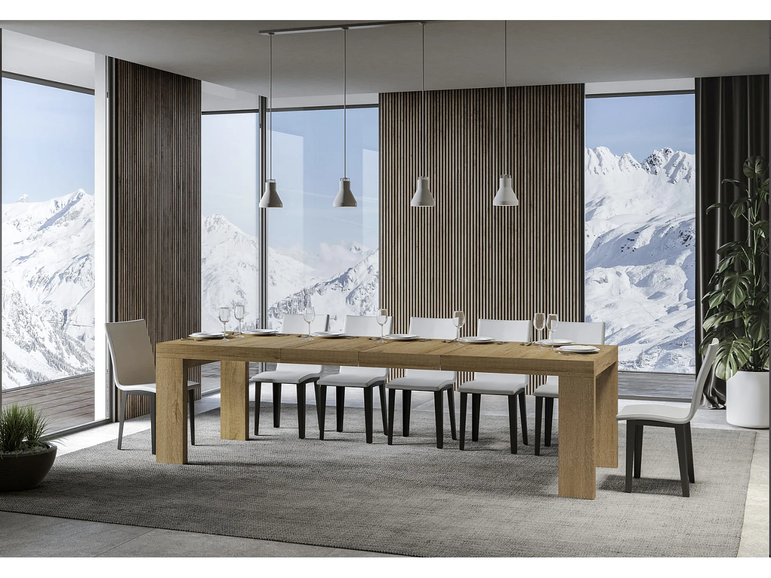 Table à manger extensible bois Ribo-Couleur Naturel-4 pieds-2 rallonges épaisses-180 à 284cm