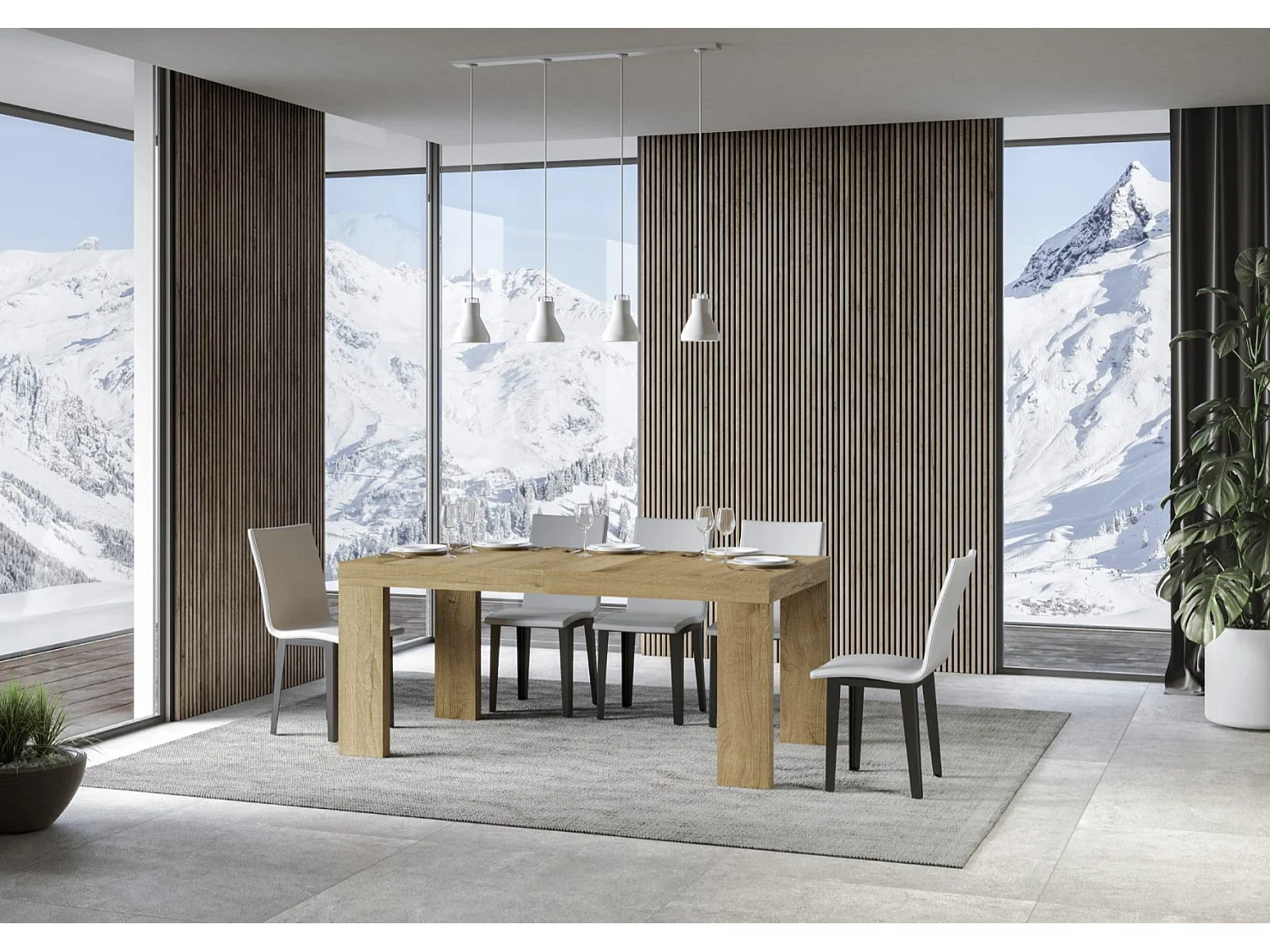 Table à manger extensible bois Ribo-Couleur Naturel-4 pieds-2 rallonges épaisses-180 à 284cm