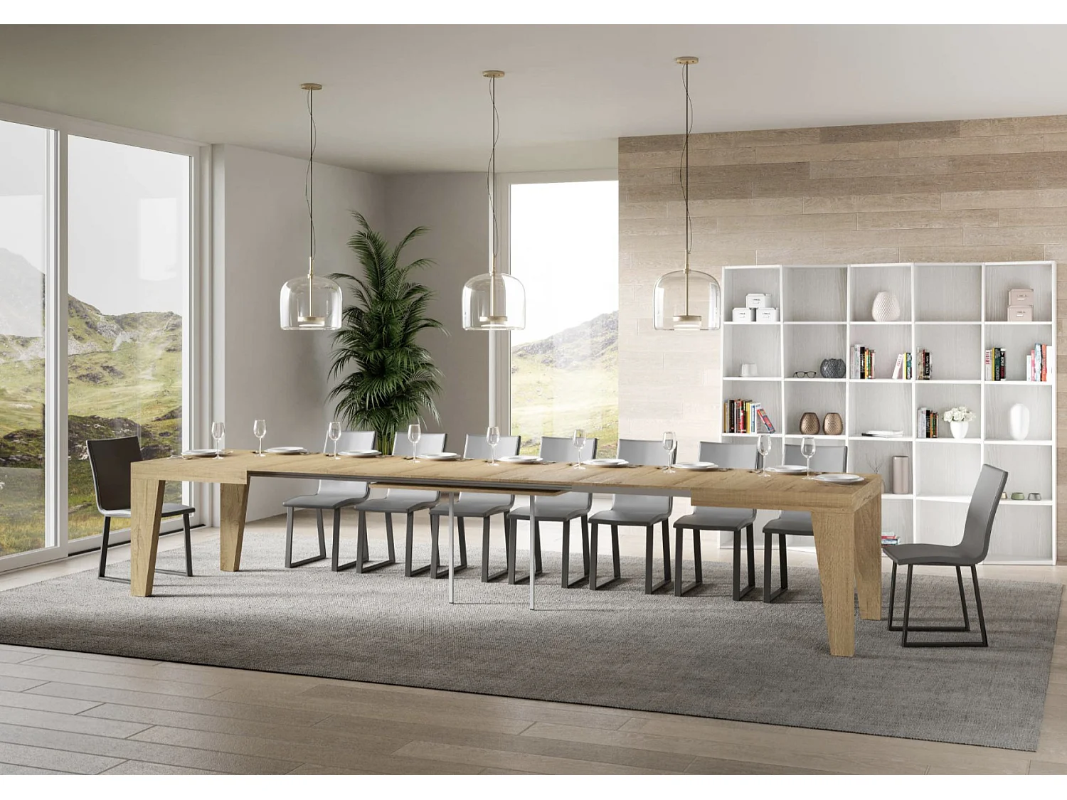 Table à manger extensible bois Naxo-Couleur Naturel-Sur roulettes-5 rallonges fines-160 à 420cm