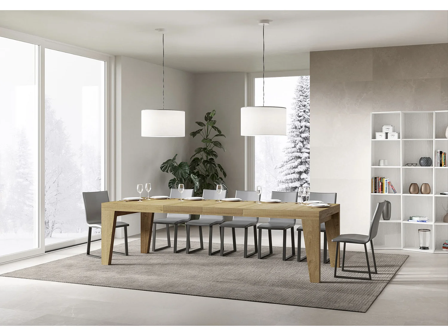 Mesa de comedor extensible de madera Naxo.-Color Natural-Soporte 4 pies-Alargaderas -Ancho extensible