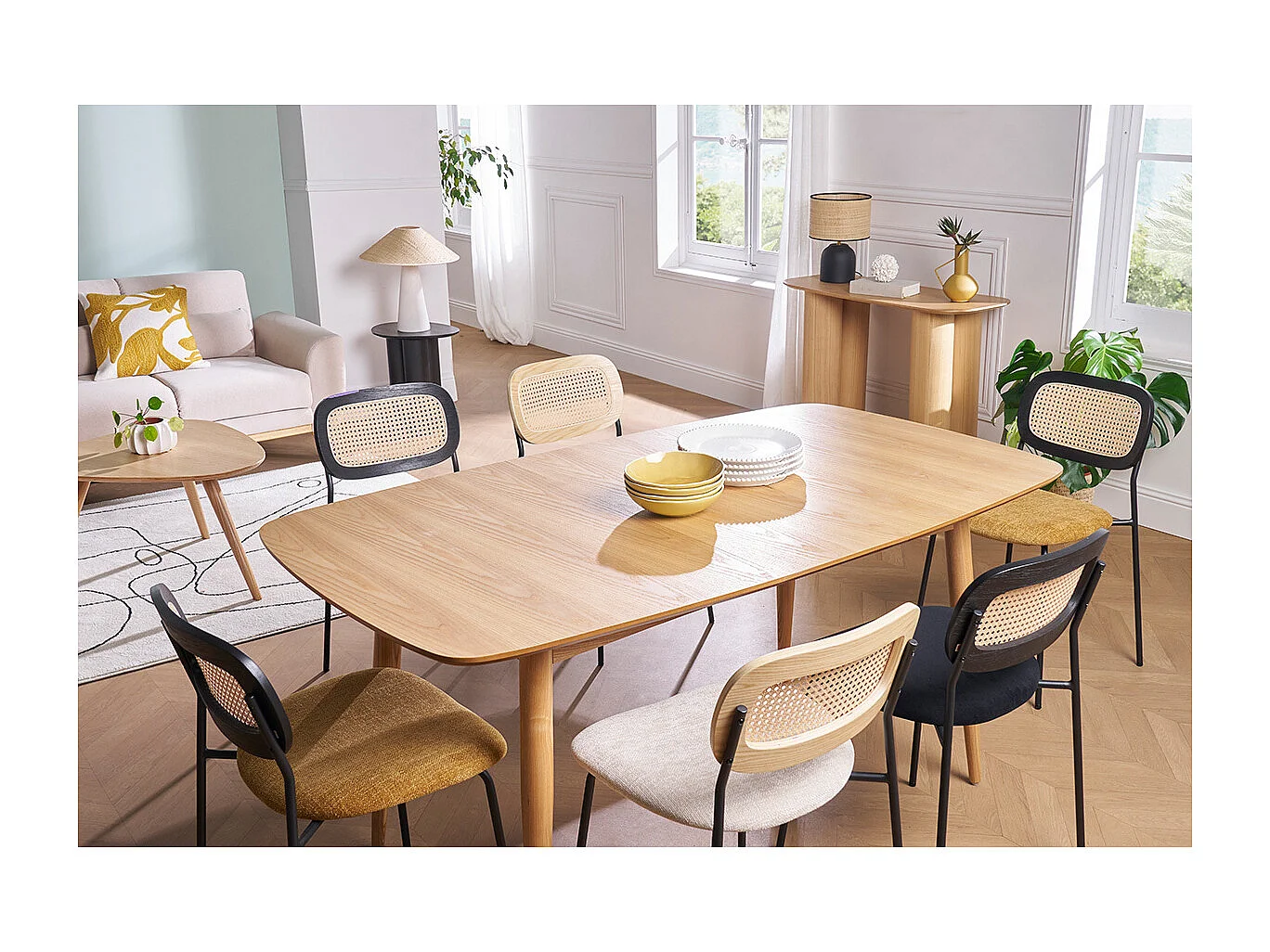 Table à manger extensible rectangulaire en bois clair L130-160 cm NORDECO