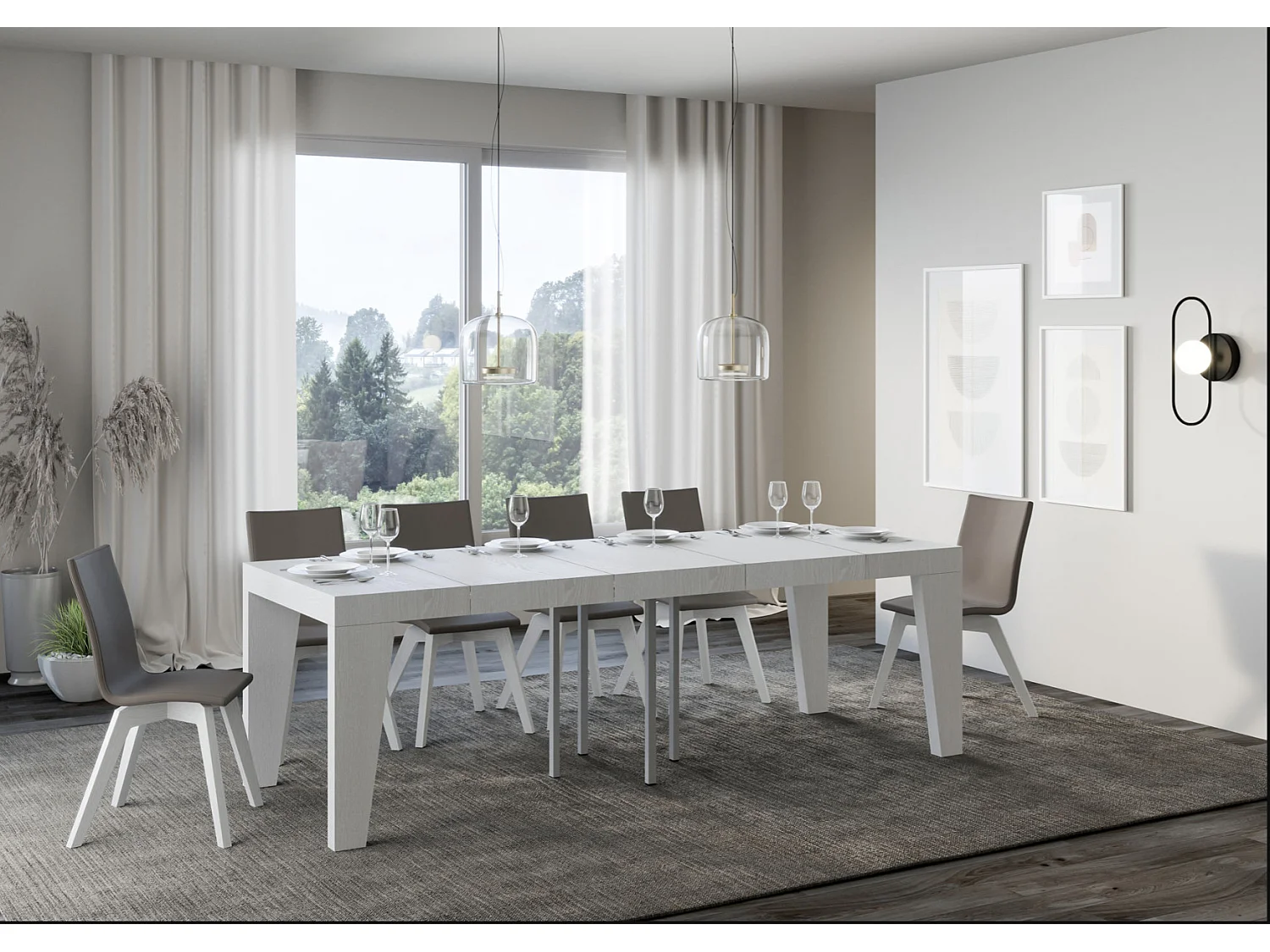 Petite table carrée extensible 90x90-246 Naxo-Couleur Blanc-2 pieds-3 rallonges épaisses