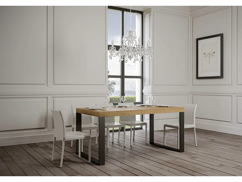 Table à manger extensible Tiroz-Couleur Naturel-4 pieds-2 rallonges épaisses-130 à 234cm