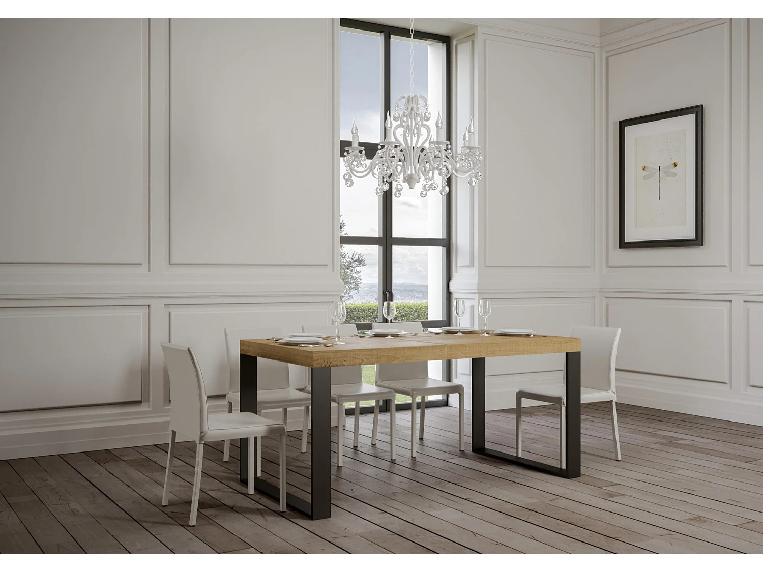 Table à manger extensible Tiroz-Couleur Naturel-4 pieds-2 rallonges épaisses-130 à 234cm