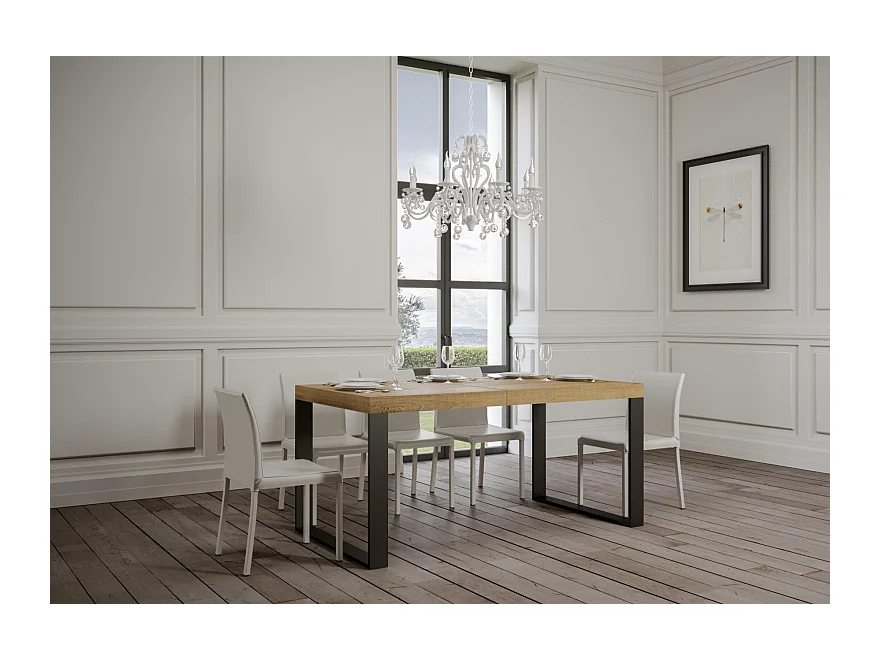 Table à manger extensible Tiroz-Couleur Naturel-4 pieds-2 rallonges épaisses-130 à 234cm