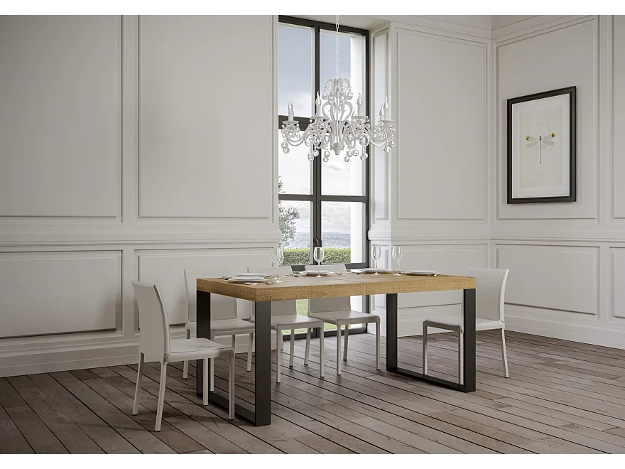 Table à manger extensible Tiroz-Couleur Naturel-4 pieds-2 rallonges épaisses-130 à 234cm