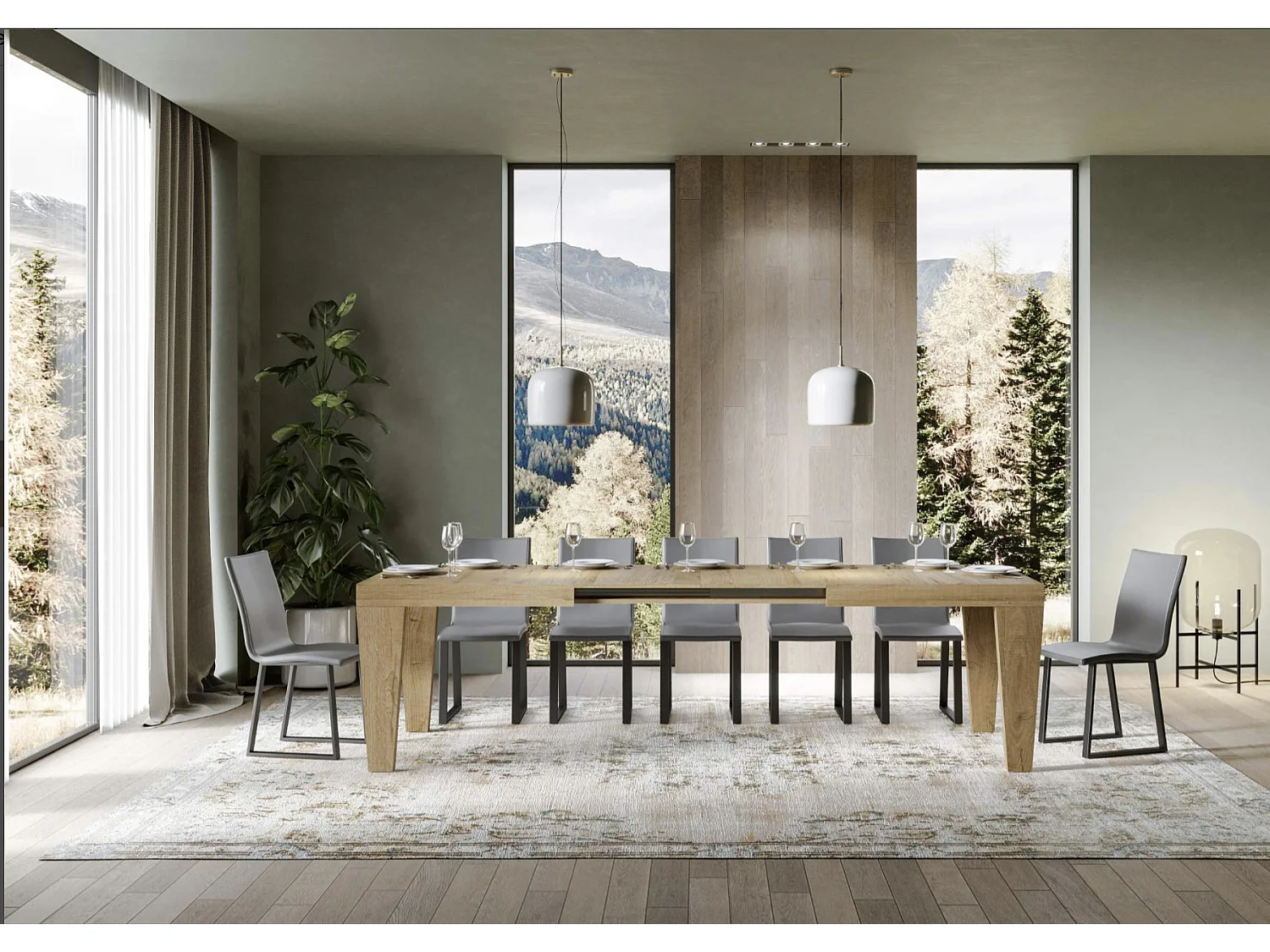 Table à manger extensible bois pieds en V Kristo-Couleur Naturel-Sur roulettes-2 rallonges fines-180 à 284cm