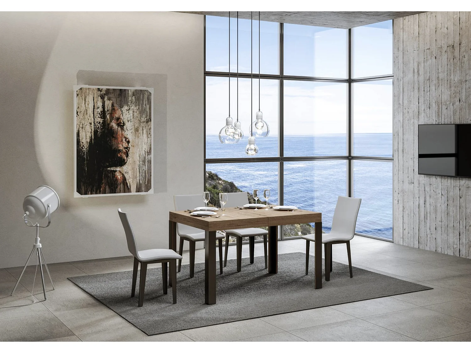 Table extensible bois pieds bois et acier anthracite Liva-Couleur Naturel-4 pieds-130 à 234cm