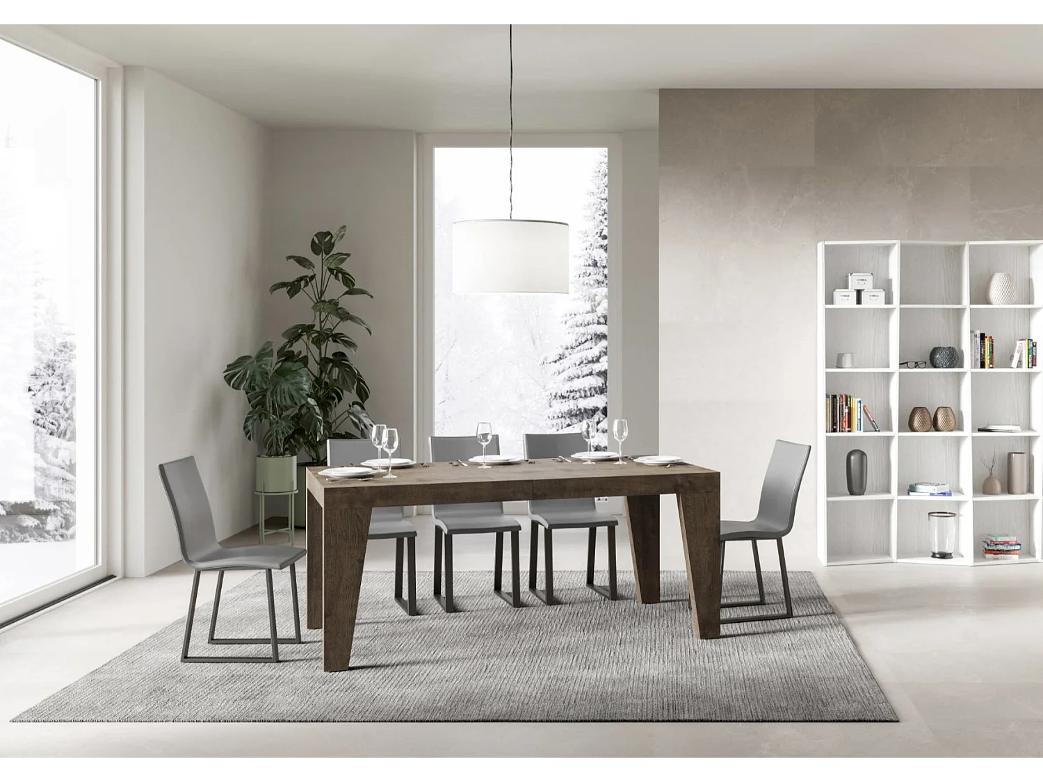 Naxo uitschuifbare houten eettafel-Kleur Cementgrijs-Steun 4 voet-Verlengsnoeren -Uitschuifbare breedte