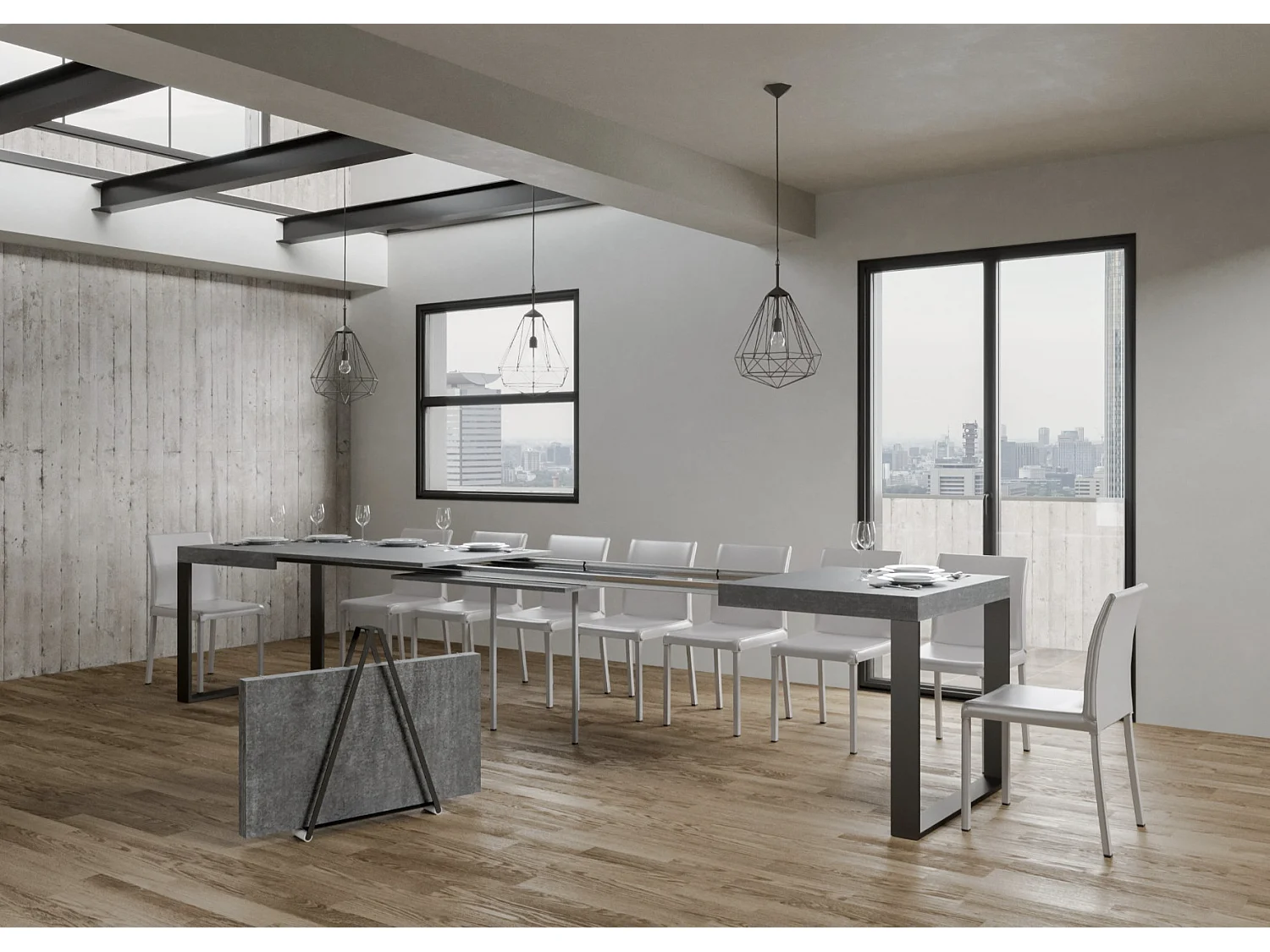 Table à manger extensible Tiroz-Couleur Gris ciment-4 pieds-5 rallonges fines-130 à 390cm