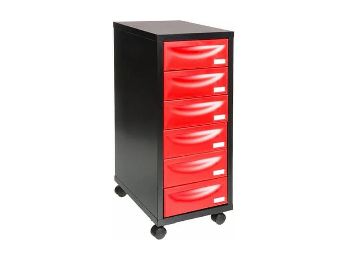 Meuble de rangement sur roulettes 6 tiroirs métal rouge et noir Folia