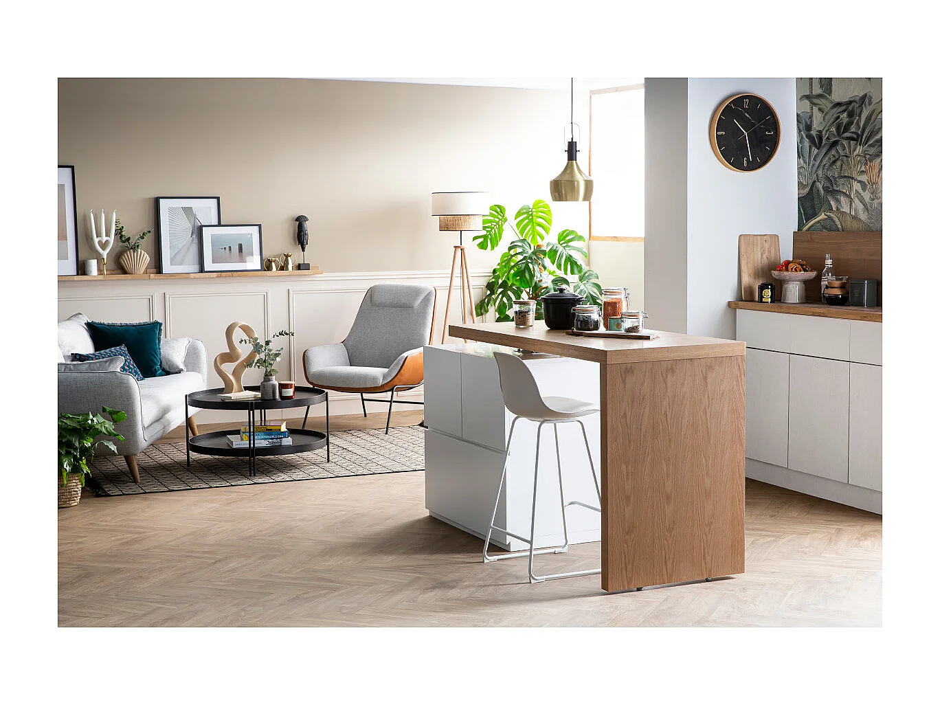 Modularer Stehtisch mit Stauraum in Mattweiß und Eiche H91 cm MAX