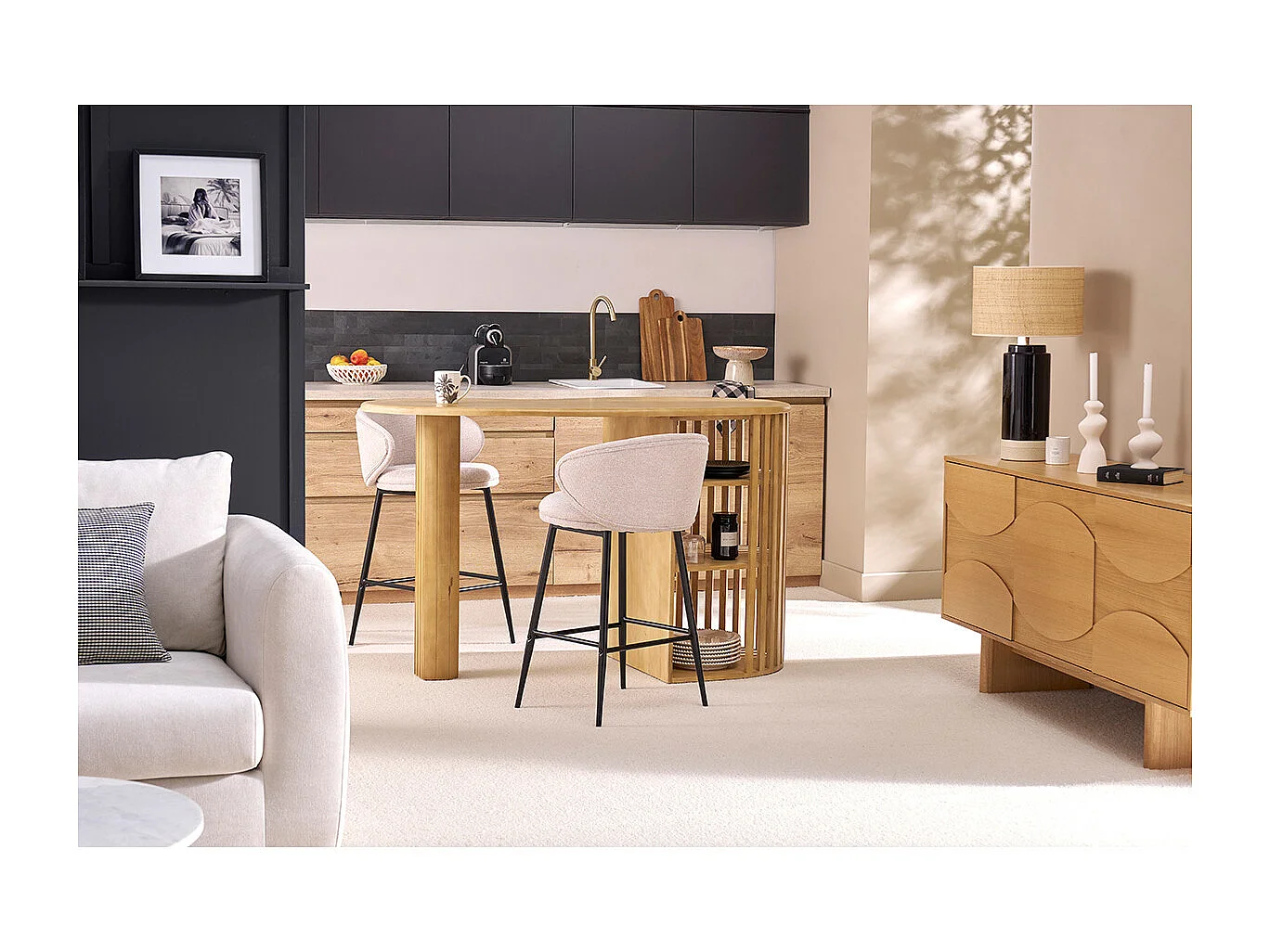 Ilot - table de bar avec rangements en bois manguier massif H90 cm LOBIO