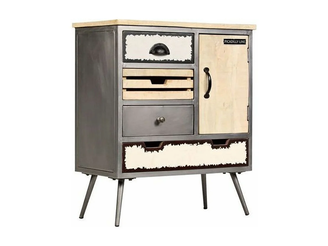 Commode 4 tiroirs 1 porte métal et manguier massif Vica