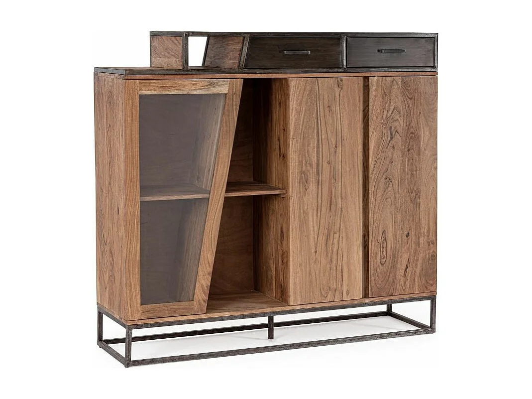 Commode industriel 3 portes 2 tiroirs bois d'acacia et acier marron Palma 145cm