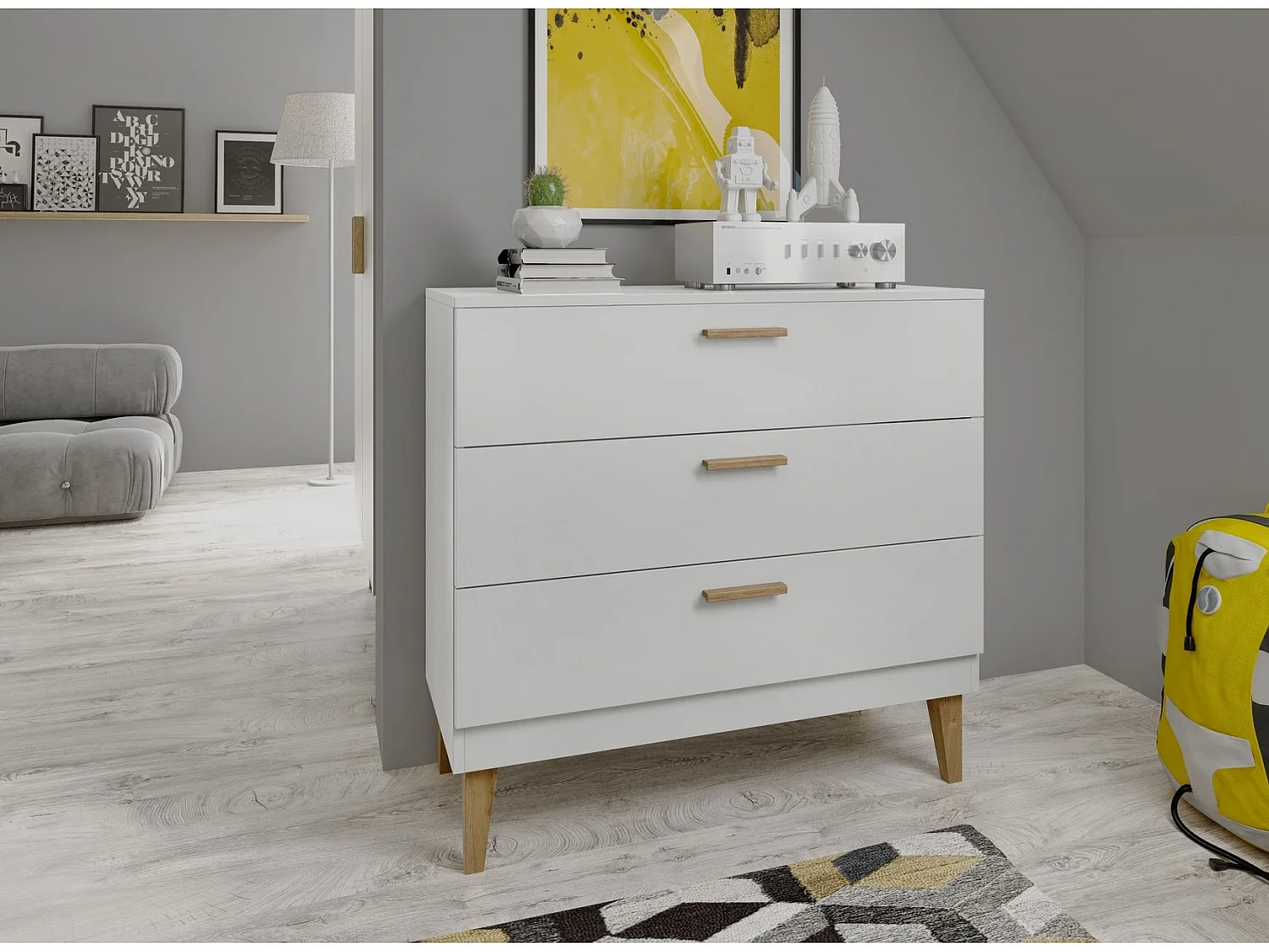 Commode blanche et pieds en bois de chêne Blanka