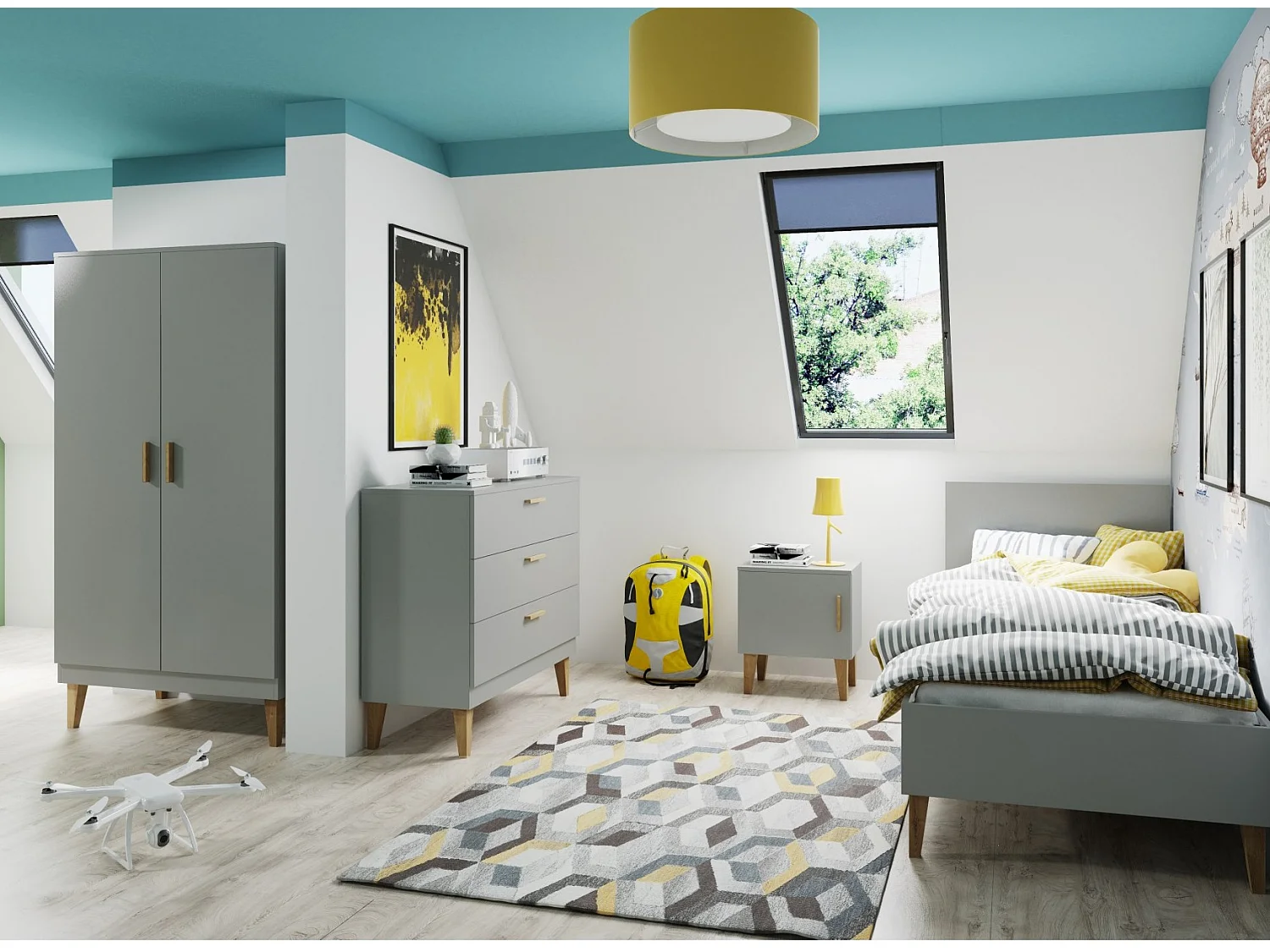 Commode grise et pieds en bois de chêne Blanka