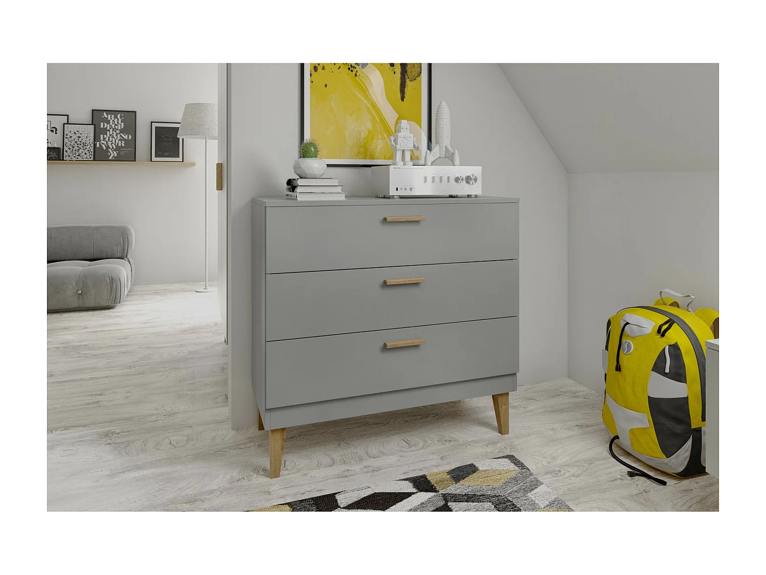 Commode grise et pieds en bois de chêne Blanka
