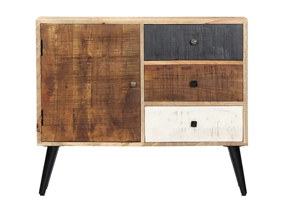 Commode 1 porte 3 tiroirs manguier massif clair et pieds métal noir Bastia