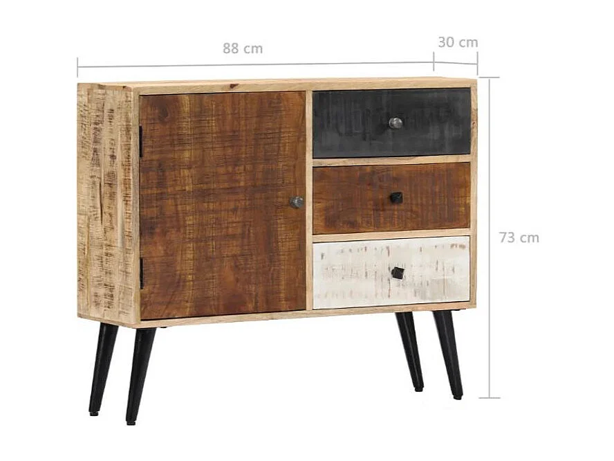 Commode 1 porte 3 tiroirs manguier massif clair et pieds métal noir Bastia