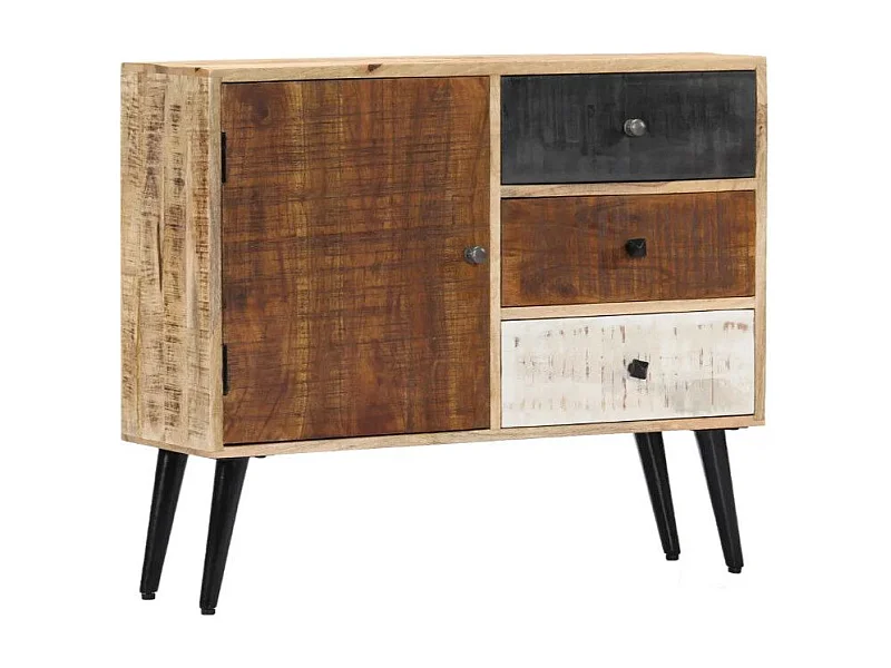 Commode 1 porte 3 tiroirs manguier massif clair et pieds métal noir Bastia