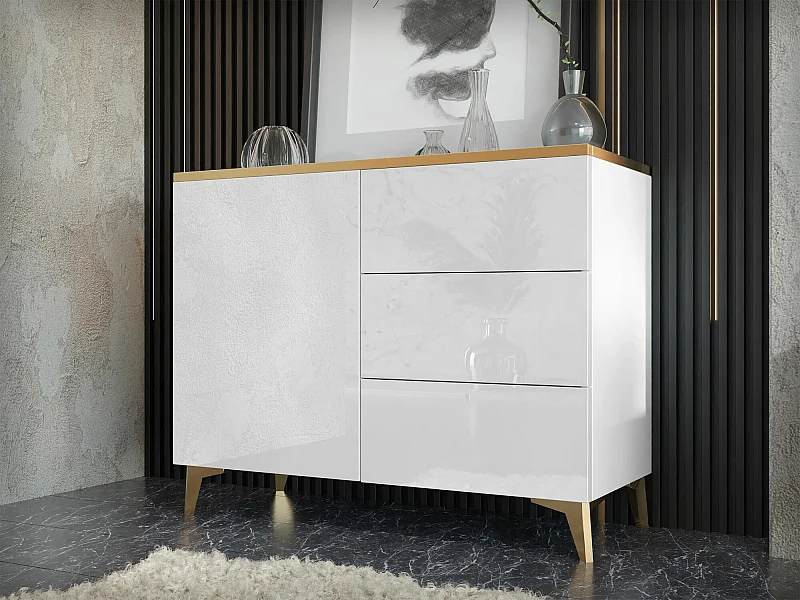 Cómoda Comfivo Virfera 100, Blanco|Dorado|Blanco brillante, Con cajones y puertas, 85cm