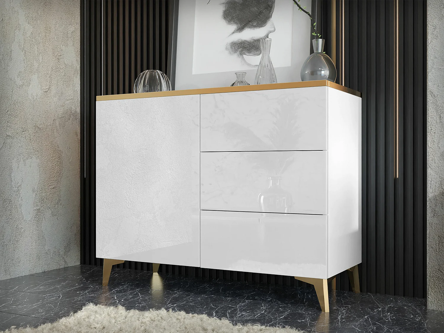 Cómoda Comfivo Virfera 100, Blanco|Dorado|Blanco brillante, Con cajones y puertas, 85cm