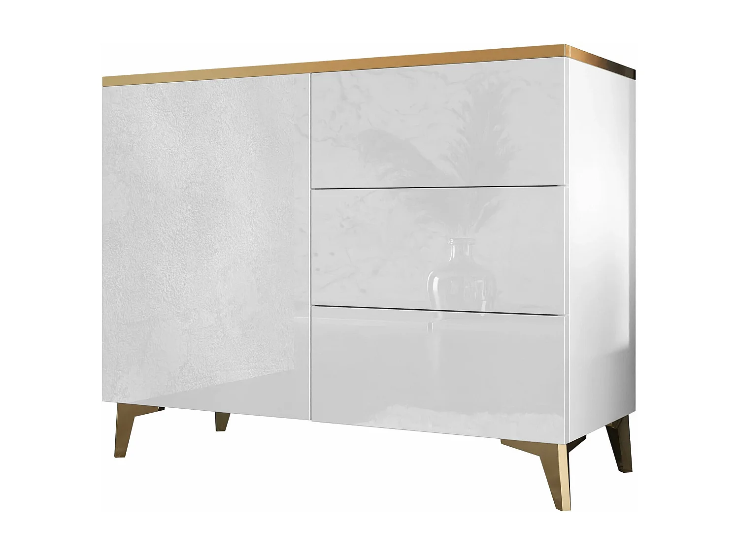 Cómoda Comfivo Virfera 100, Blanco|Dorado|Blanco brillante, Con cajones y puertas, 85cm