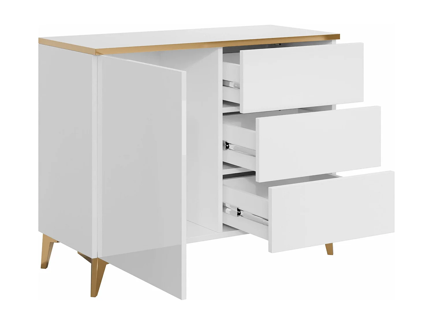 Cómoda Comfivo Virfera 100, Blanco|Dorado|Blanco brillante, Con cajones y puertas, 85cm