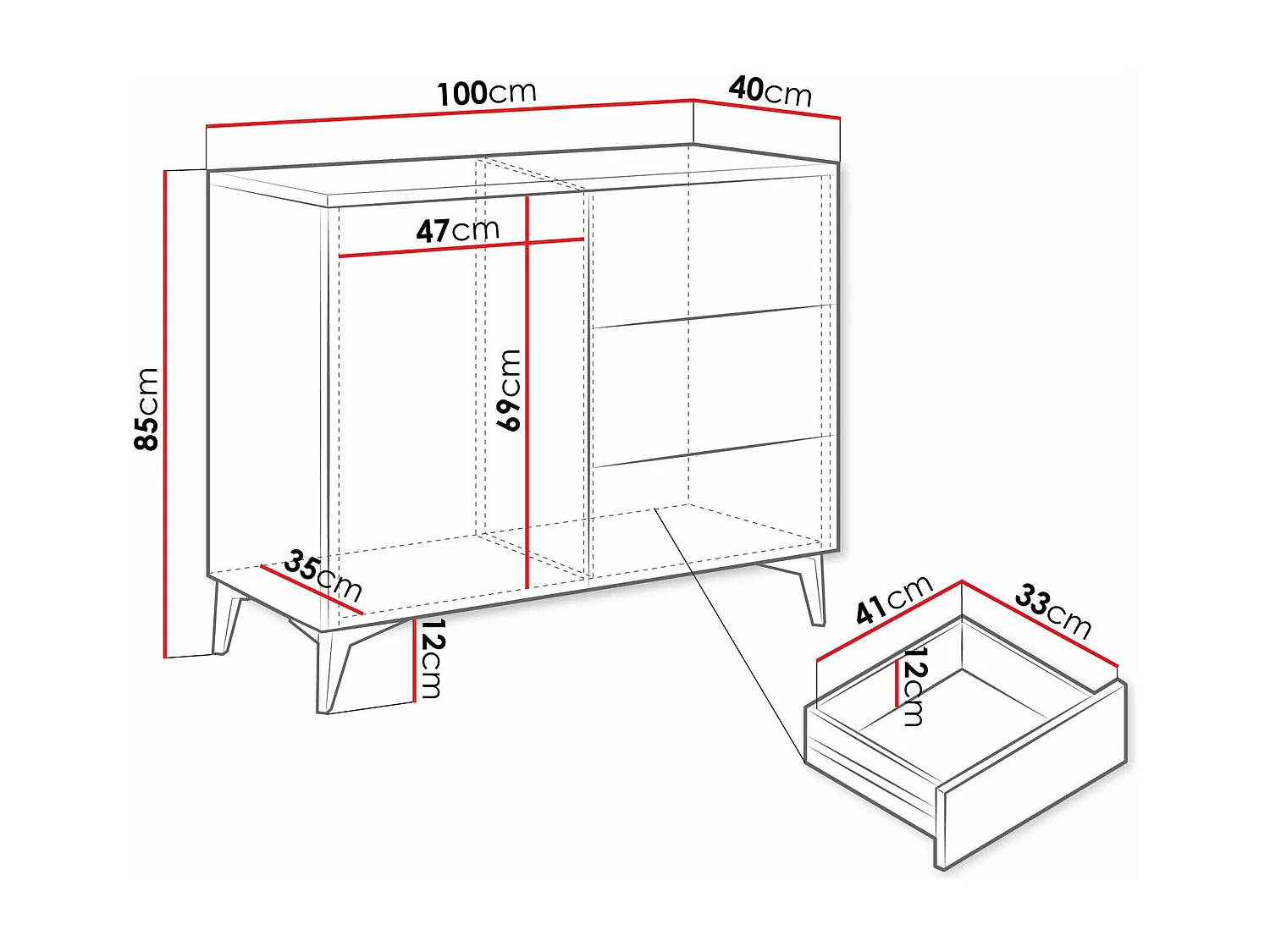 Cómoda Comfivo Virfera 100, Blanco|Dorado|Blanco brillante, Con cajones y puertas, 85cm