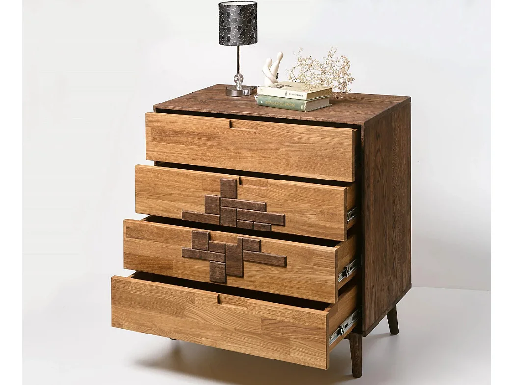 Commode en chêne massif naturel et marron 4 tiroirs Thayla 80cm