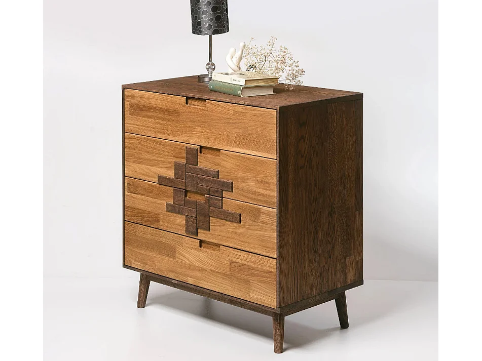 Commode en chêne massif naturel et marron 4 tiroirs Thayla 80cm