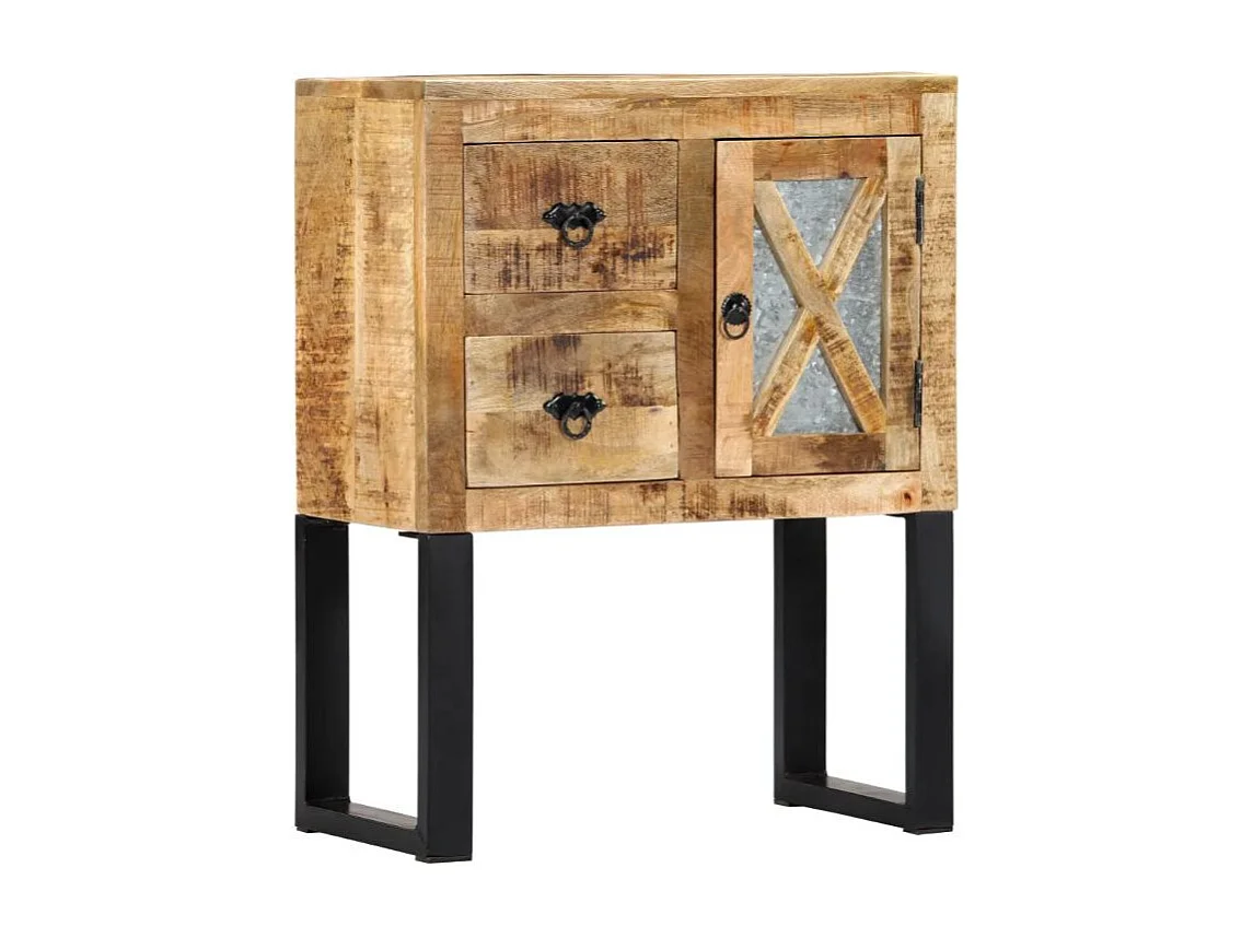 Commode 1 porte 2 tiroirs manguier massif clair et métal noir Maneci