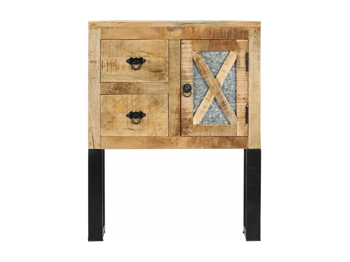 Commode 1 porte 2 tiroirs manguier massif clair et métal noir Maneci