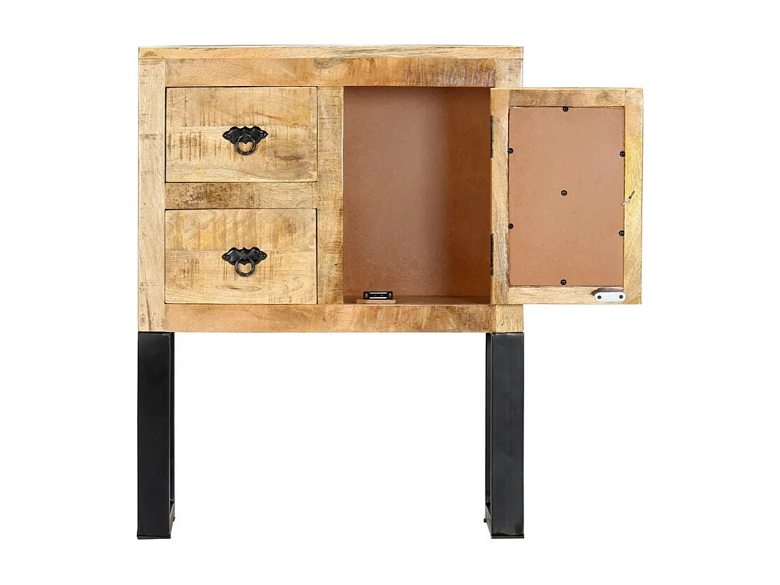 Commode 1 porte 2 tiroirs manguier massif clair et métal noir Maneci