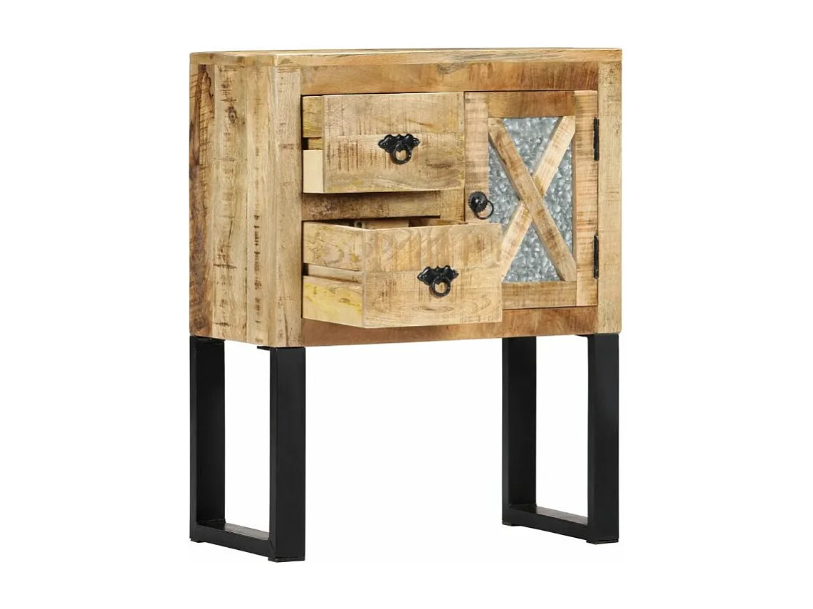Commode 1 porte 2 tiroirs manguier massif clair et métal noir Maneci