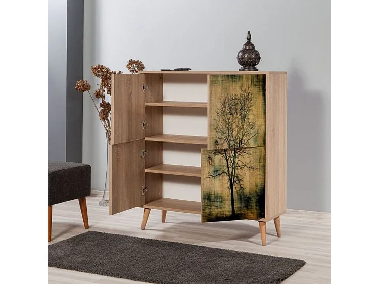 Meuble de rangement 4 portes en bois clair à lamelles Kiza 729