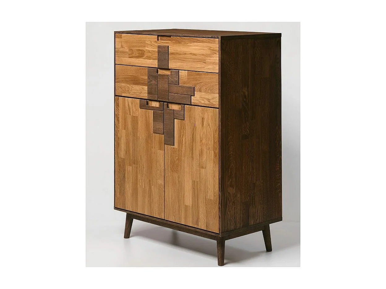 Cómoda alta de roble macizo natural y marrón 2 puertas 2 cajones Thayla 80 cm