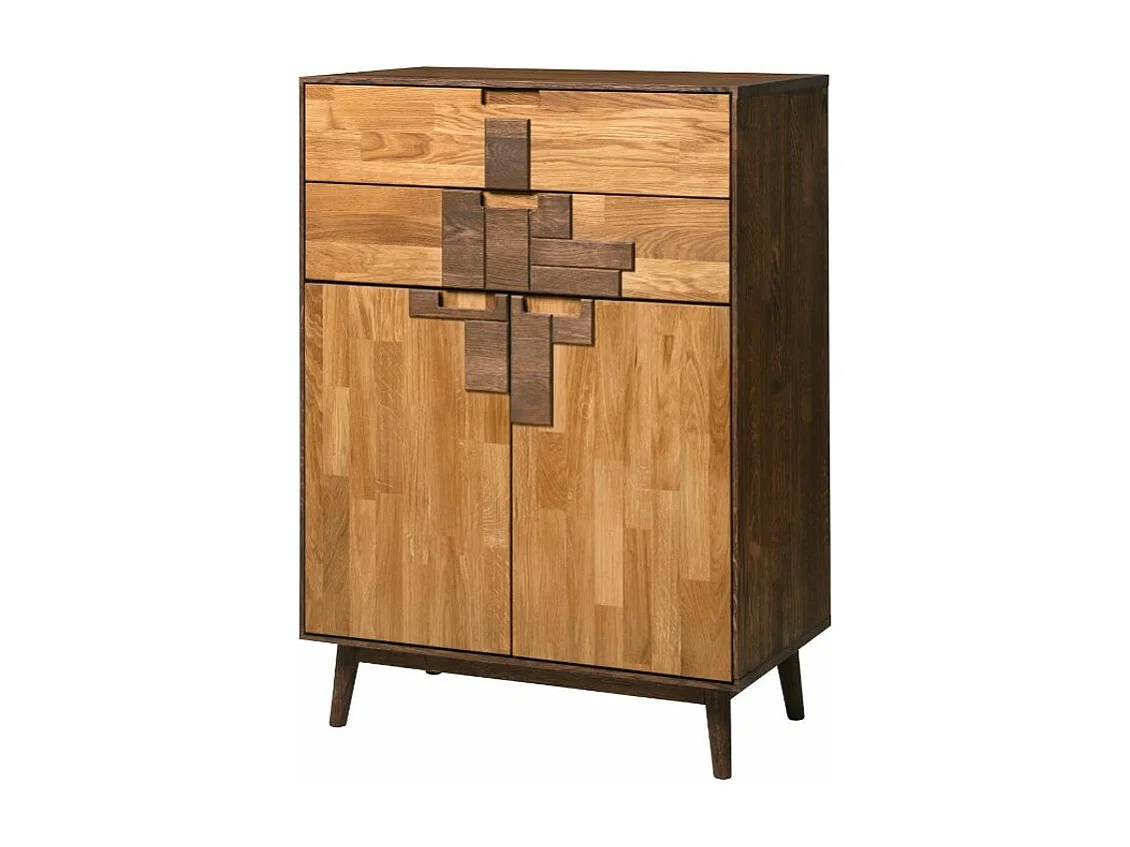 Cómoda alta de roble macizo natural y marrón 2 puertas 2 cajones Thayla 80 cm