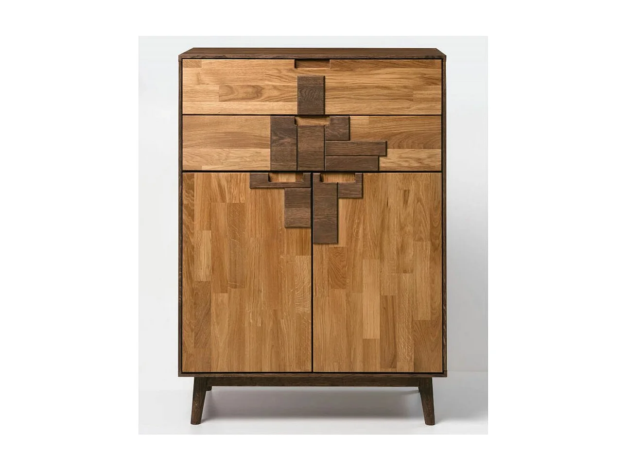 Cómoda alta de roble macizo natural y marrón 2 puertas 2 cajones Thayla 80 cm