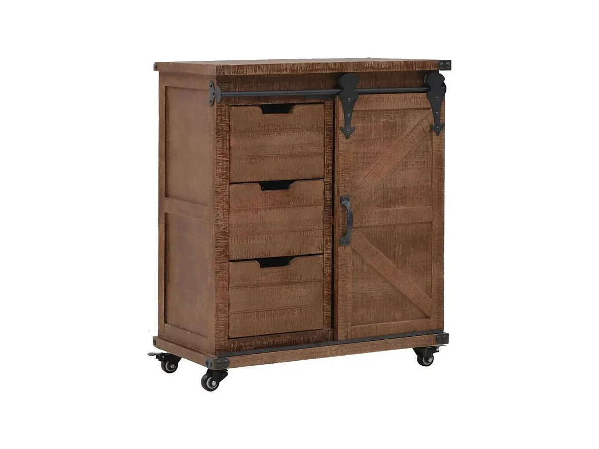 Commode 1 porte 3 tiroirs pin massif foncé Cassie