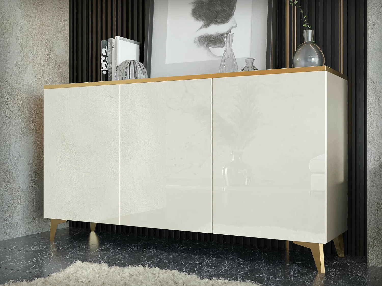 Buffet Comfivo Virfera 101, Beige|Brillant Beige|Doré, 85x150x40cm, MDF|Stratifié