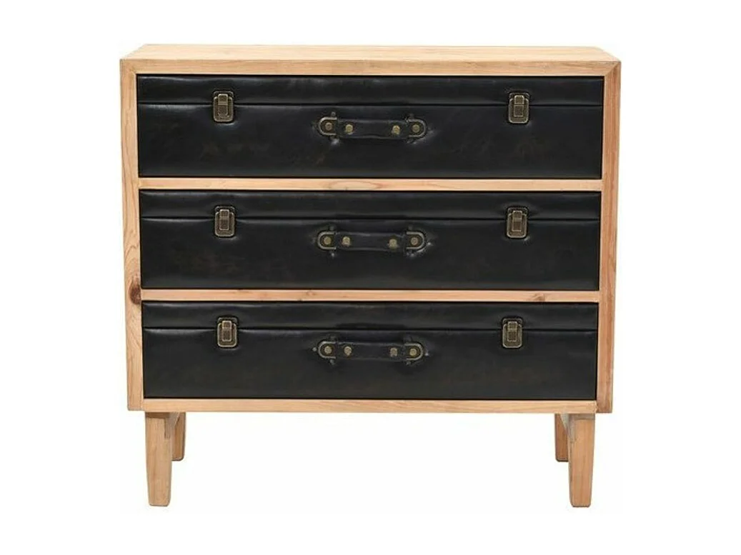Commode 3 tiroirs pin massif clair et simili cuir Stylie